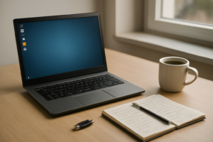 Laptop dengan desktop Linux dan USB instalasi di atas meja kerja