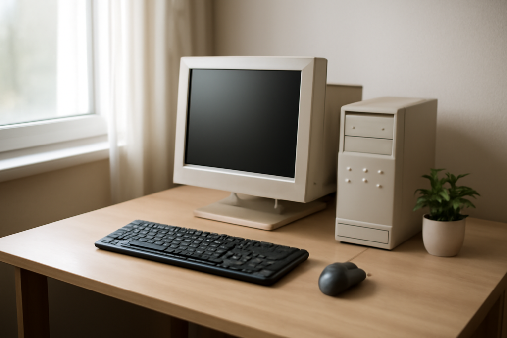 Komputer kantor lama dengan monitor, keyboard, dan mouse di atas meja kayu