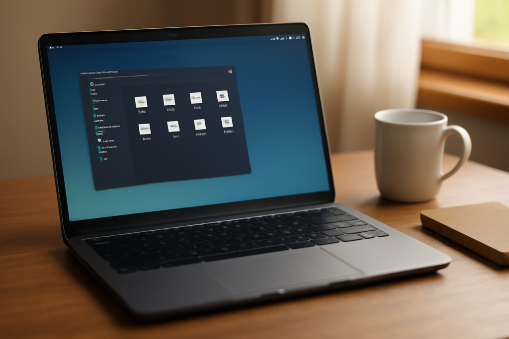 Laptop menjalankan desktop environment Linux ringan di meja kayu dengan panel dan pengelola berkas terbuka