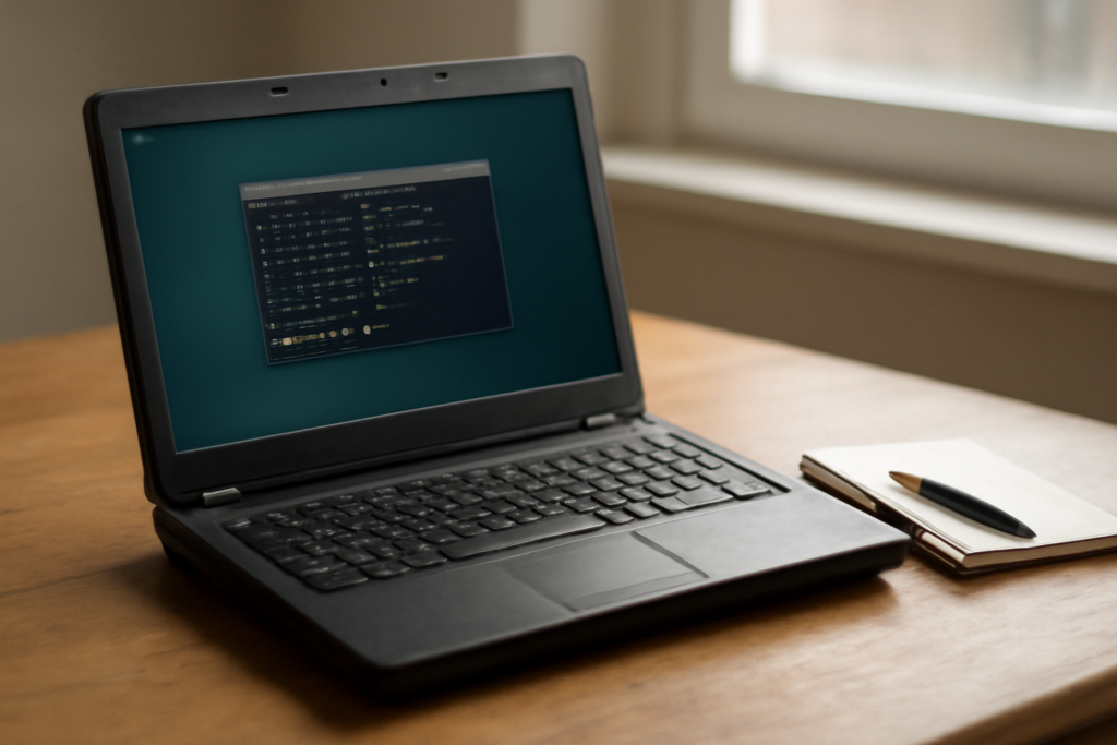 Laptop lama menjalankan desktop Linux ringan dengan terminal terbuka di meja kayu.