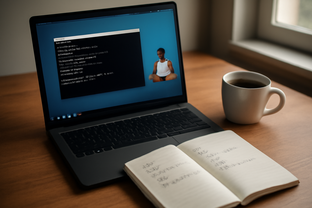 Laptop menjalankan Linux dengan terminal terbuka untuk belajar perintah dasar