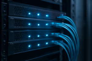 Rak server kecil menjalankan host container Linux dengan kabel jaringan tertata
