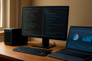 Workstation Linux dengan terminal paket dan laptop menampilkan visualisasi data untuk analisis data science