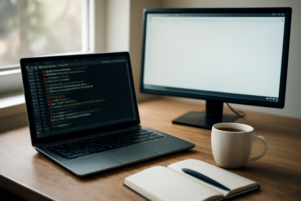 Meja kerja developer dengan laptop menjalankan Linux dan terminal berisi kode pengembangan web