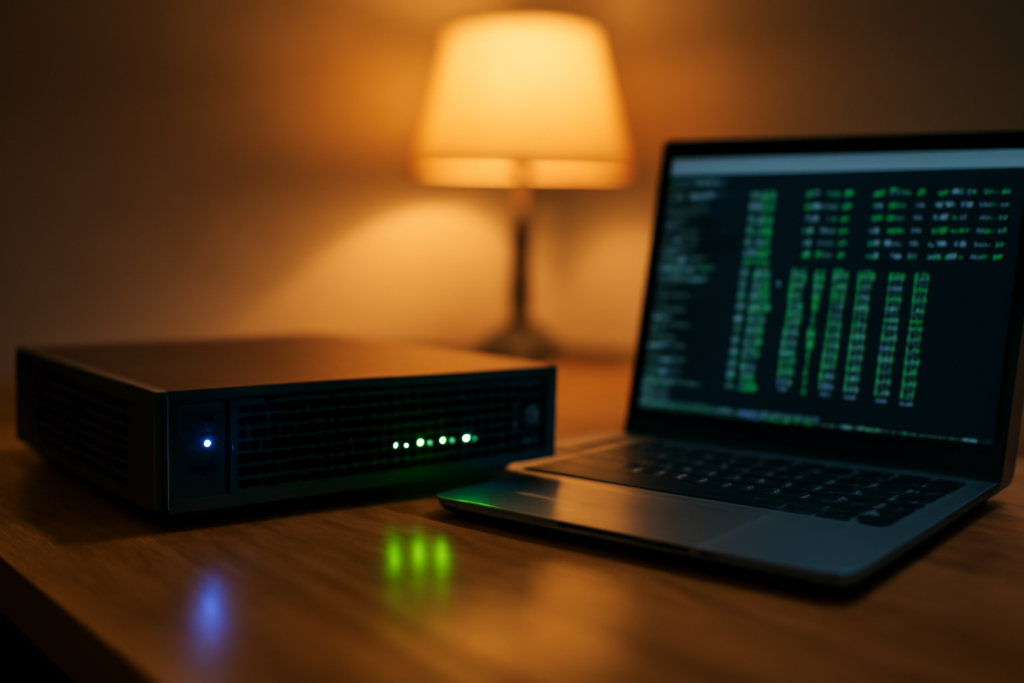 Server rak kecil di ruang kerja rumahan dengan laptop yang menampilkan terminal pemantauan sistem