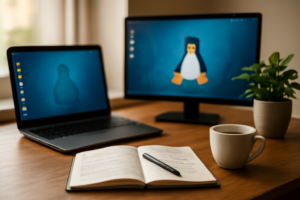 Meja kerja dengan laptop dan monitor menampilkan antarmuka desktop Linux, buku catatan, dan kopi